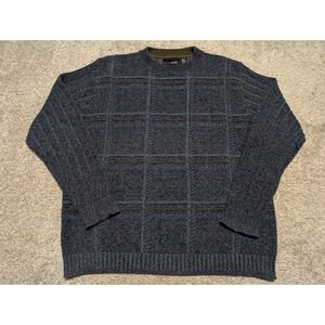Bill‎ Blass Mens Blue Plaid Knit Sweater XL Crew Neck Long Sleeve Casual